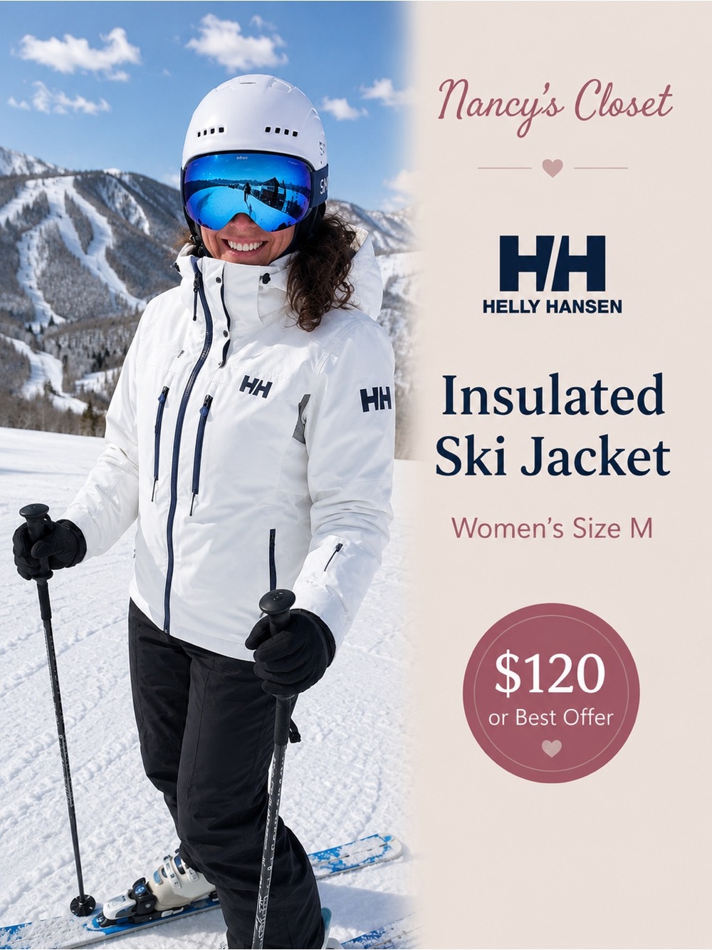 Helly Hansen White Women's Insulated Ski Jacket with Navy Trim